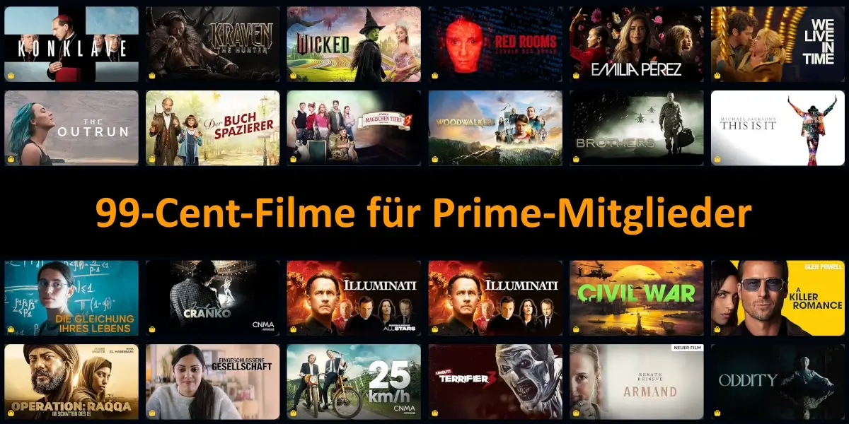 Wicked, Konklave und mehr: Es gibt wieder 99-Cent-Filme bei Amazon Prime Video - Teaserbild mit Filmcover