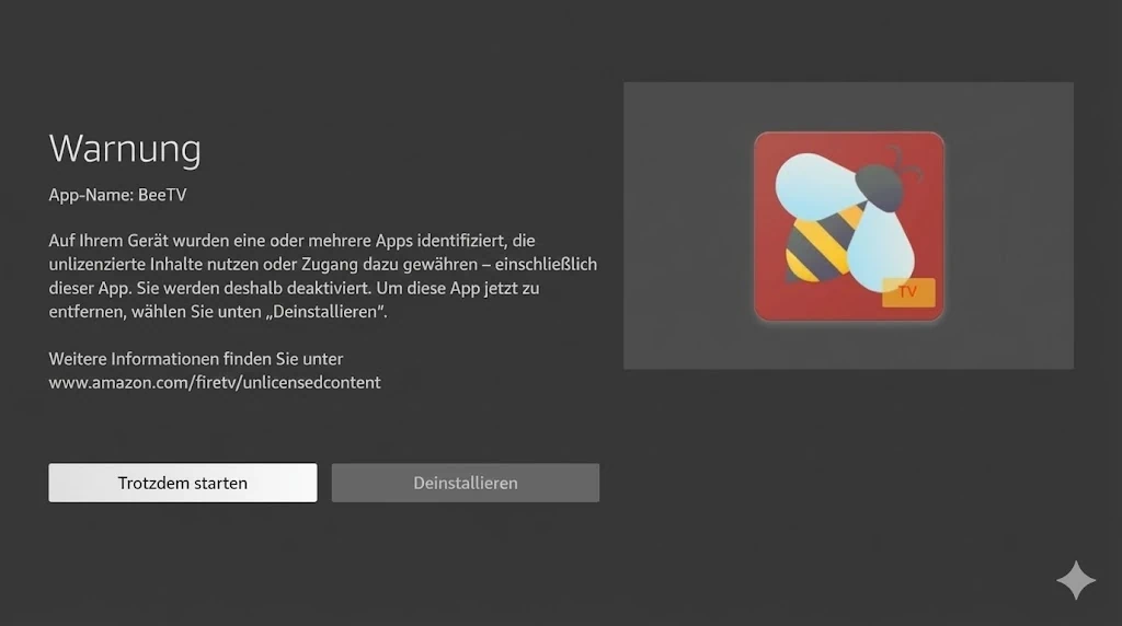 Die neue Warnung vor Apps mit unlizensierten Inhalten. Screenshot vom Amazon Fire TV – eingedeutscht mit KI