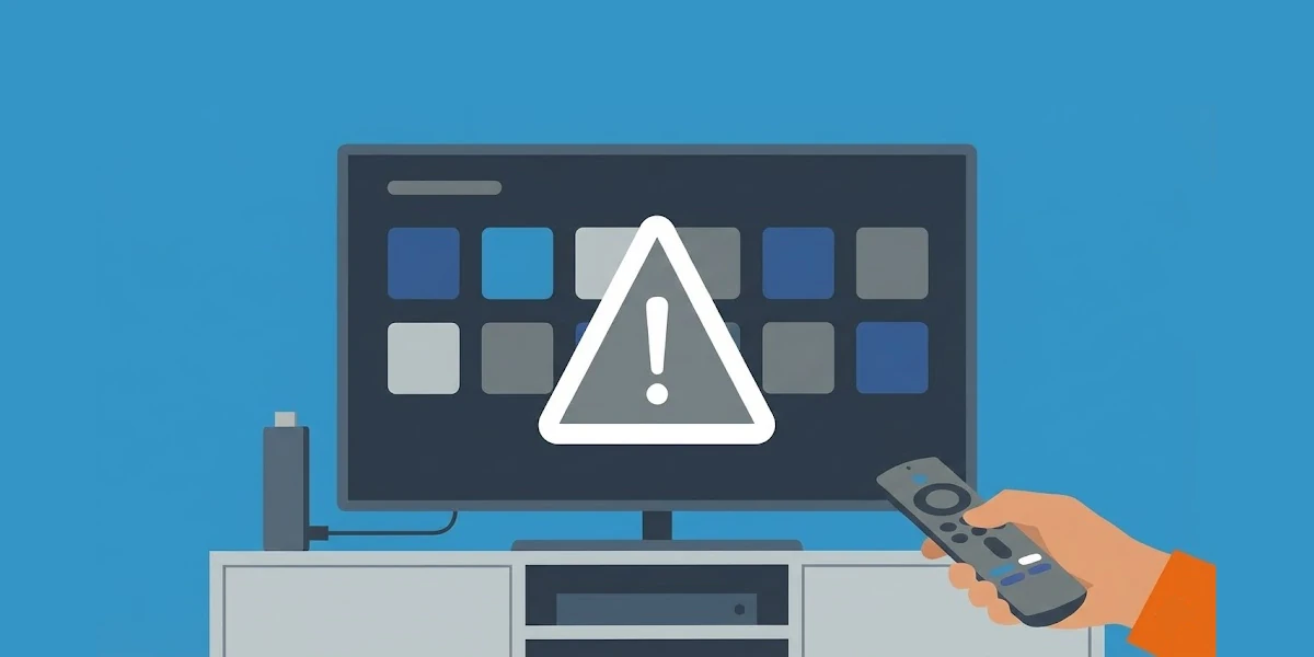 Illustration eines Amazon Fire TV Bildschirms, der ein großes weißes Warndreieck über App-Icons anzeigt, während eine Hand die Fernbedienung hält. Die Warnung deutet auf blockierte unlizenzierte Inhalte hin.