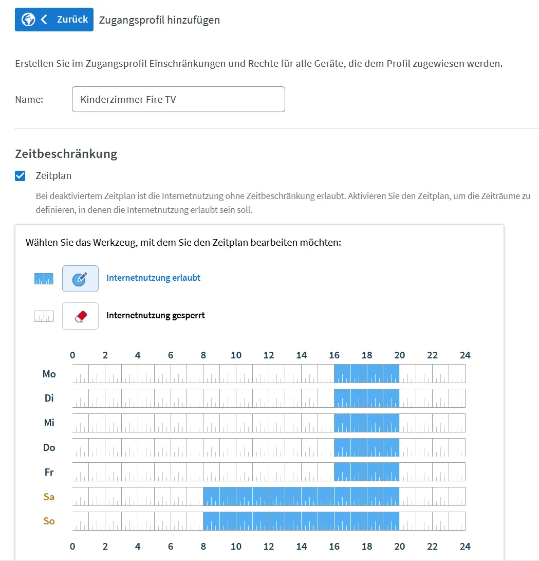 Fritzbox Kindersicherung Benutzeroberfläche mit Zeitplan