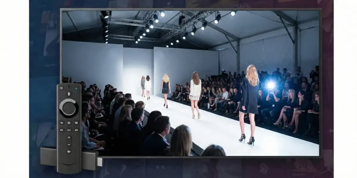 Ein Fernseher zeigt eine GNTM Modenschau auf dem Laufsteg in HD. Im Vordergrund liegen der Amazon Fire TV Stick und die Fernbedienung für den ProSieben Live-Stream.