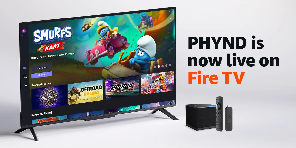 PHYND Cloud Gaming auf einem Fernseher neben Fire TV Cube, Fernbedienung und Fire TV Stick