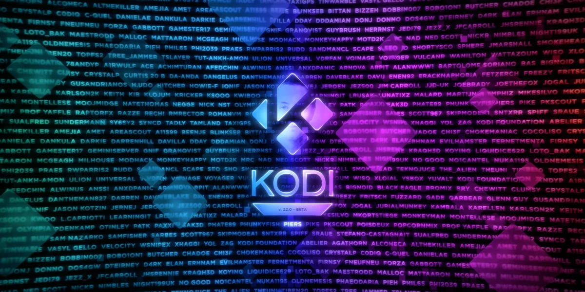Leuchtendes Kodi-Logo mit dem Schriftzug Piers vor einem blau-violetten Hintergrund aus Namen
