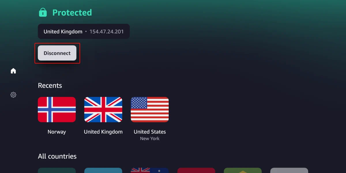 Proton-VPN-App auf Vega OS mit aktiver VPN-Verbindung und Länderauswahl