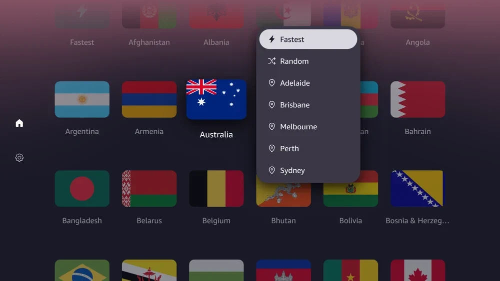 Proton VPN App für Vega OS auf dem Amazon Fire TV Stick 4K Select mit einer großen Server-Auswahl